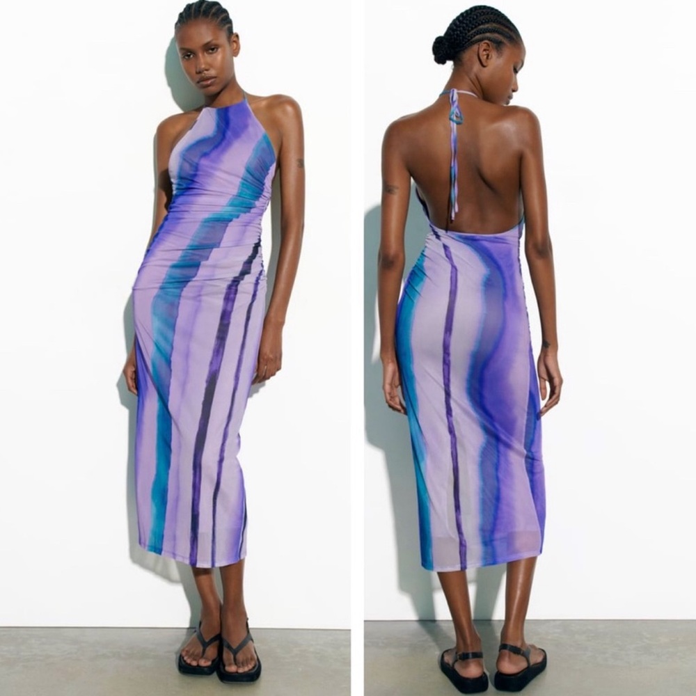 ZARA Watercolor Printed Tulle MIDI Halter Dress